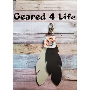 Handcrafted Cow Purse Charm, Leather Feather & cow lover keychain, saddle charm